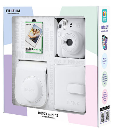 Fujifilm Instax Mini 12 Beyaz Fotoğraf Makinesi 10'lu Film Kare Albüm ve Deri Kılıf