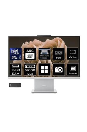 Ideacentre 27ILL11 Intel Core Ultra 5 226V 16GB RAM 512GB SSD 27" Full HD (1920x1080) Win11 Pro F0JW000YTRP308 Beyaz All In One Bilgisayar + Per4 USB Bellek