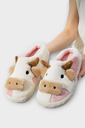 İnek Figürlü Nakışlı Kaydırmaz Taban Kışlık Unisex Ev Terliği BEYAZ - PUDRA