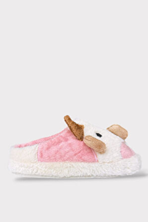 İnek Figürlü Nakışlı Kaydırmaz Taban Kışlık Unisex Ev Terliği BEYAZ - PUDRA