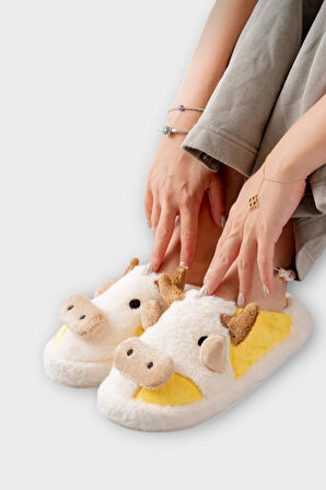 İnek Figürlü Nakışlı Kaydırmaz Taban Kışlık Unisex Ev Terliği BEYAZ - SARI