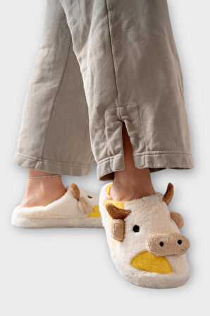 İnek Figürlü Nakışlı Kaydırmaz Taban Kışlık Unisex Ev Terliği BEYAZ - SARI