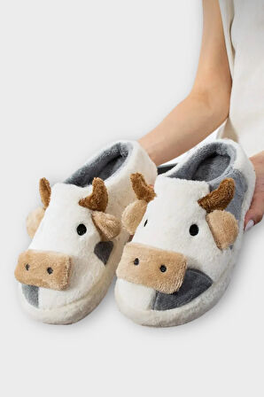 İnek Figürlü Nakışlı Kaydırmaz Taban Kışlık Unisex Ev Terliği BEYAZ-FÜME