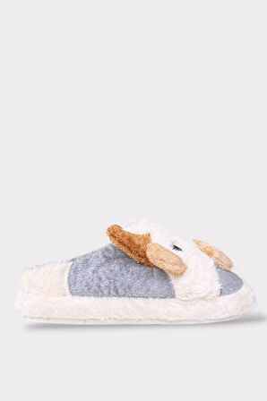 İnek Figürlü Nakışlı Kaydırmaz Taban Kışlık Unisex Ev Terliği BEYAZ-FÜME