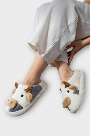 İnek Figürlü Nakışlı Kaydırmaz Taban Kışlık Unisex Ev Terliği BEYAZ-FÜME