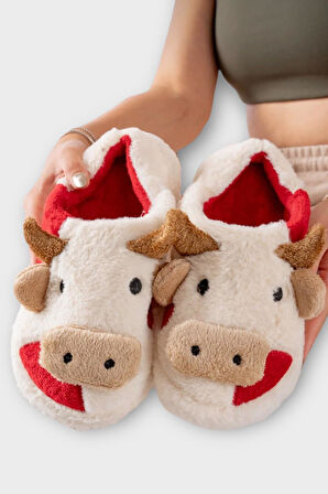 İnek Figürlü Nakışlı Kaydırmaz Taban Kışlık Unisex Ev Terliği BEYAZ-KIRMIZI