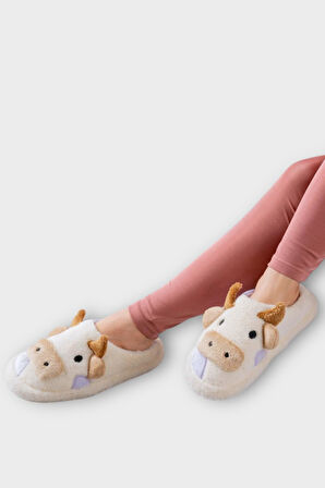 İnek Figürlü Nakışlı Kaydırmaz Taban Kışlık Unisex Ev Terliği BEYAZ - LİLA