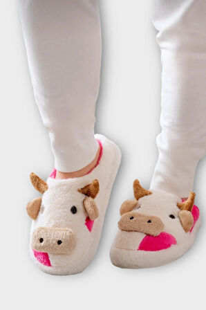 İnek Figürlü Nakışlı Kaydırmaz Taban Kışlık Unisex Ev Terliği BEYAZ - FUŞYA