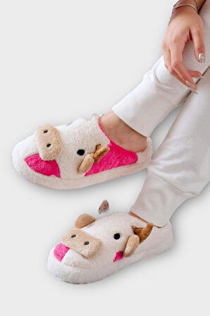 İnek Figürlü Nakışlı Kaydırmaz Taban Kışlık Unisex Ev Terliği BEYAZ - FUŞYA