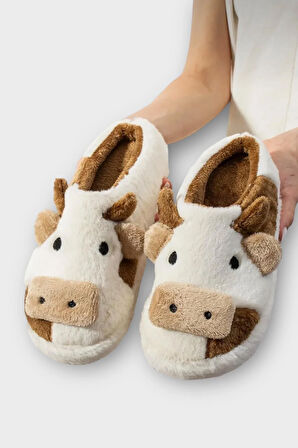 İnek Figürlü Nakışlı Kaydırmaz Taban Kışlık Unisex Ev Terliği BEYAZ - KAHVERENGİ