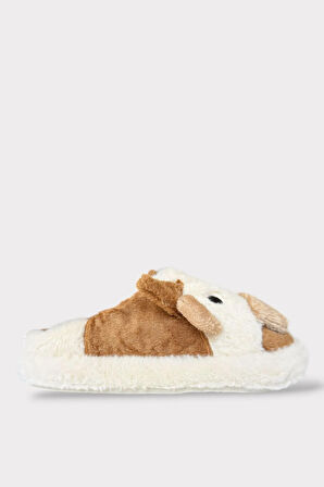 İnek Figürlü Nakışlı Kaydırmaz Taban Kışlık Unisex Ev Terliği BEYAZ - KAHVERENGİ