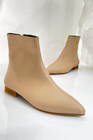 Bilekte Biten Fermuarlı Kısa Topuklu Bot-Nude-38