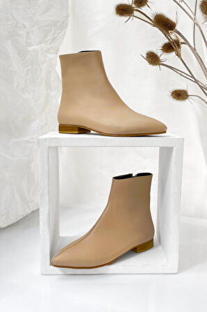 Bilekte Biten Fermuarlı Kısa Topuklu Bot-Nude-38
