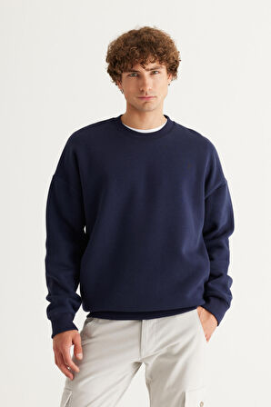 Erkek Lacivert Oversize Fit Bol Kesim Pamuklu Içi Polarlı 3 Iplik Bisiklet Yaka Sweatshirt