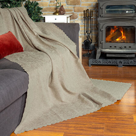 Jakarlı Şönil Koltuk Örtüsü  | Kanepe Örtüsü | Koltuk Şalı 175x350 Kaymaz Camel