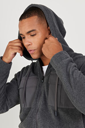 Erkek Antrasit-melanj Standart Fit Normal Kesim Kapüşonlu Polar Sweatshirt Ceket