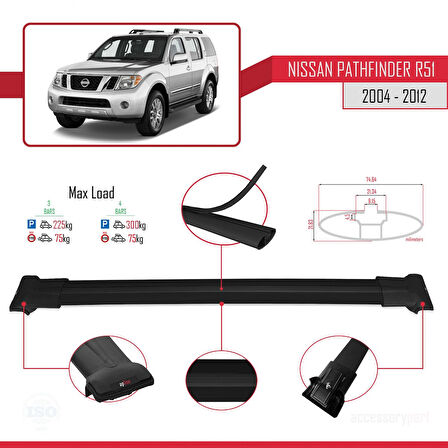 Nissan Pathfinder 3 (R51) 2004-2012 Arası ile Uyumlu FLY Model Ara Atkı Tavan Barı Siyah 3 Adet