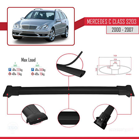 Mercedes C Class 2 (S203) 2000-2007 Arası ile Uyumlu FLY Model Ara Atkı Tavan Barı Siyah 3 Adet