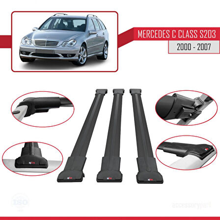 Mercedes C Class 2 (S203) 2000-2007 Arası ile Uyumlu FLY Model Ara Atkı Tavan Barı Siyah 3 Adet