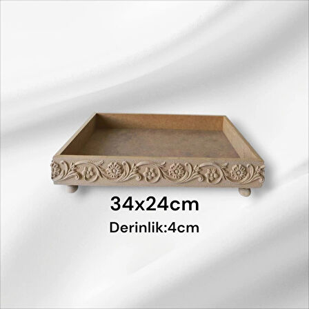 Ahşap Boyanabilir Çiçek Desenli Ayaklı-dekoratif Dikdörtgen Sunumluk Tepsi