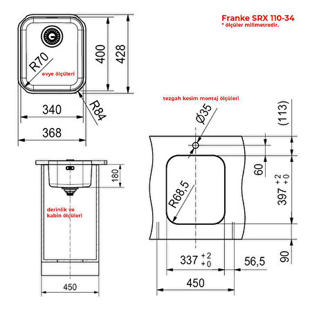 Franke SRX 110-34 Paslanmaz Çelik Eviye, Tezgah altı, 34x40cm
