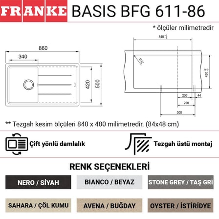 Franke BFG 611 Granit Evye, Avena, Buğday rengi, 86x50 cm, Tek hazne, Tezgah üstü, Damlalıklı