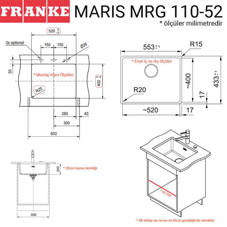 Franke MRG 110-52 Granit Evye, Stone Grey, Tezgah Altı, Tek Hazne, 52x40 cm