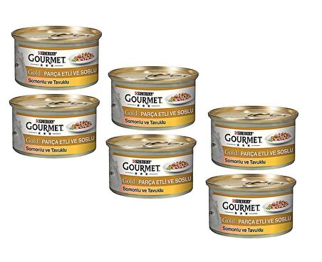 Gourmet Gold Parça Etli Soslu Somonlu Tavuklu Kedi Konservesi 85 Gr (6 ADET)