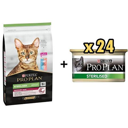 Pro Plan Kısırlaştırılmış Morina ve Okyanus Balıklı Yetişkin Kuru Kedi Maması 10 KG + 24 Adet Proplan Sterilised Ton ve Somonlu Kısırlaştırılmış Kedi Konservesi 85 Gr