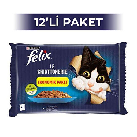 Felix Multipack Somonlu ve Ton Balıklı Yetişkin Yaş Kedi Maması 4x85 gr 12 Adet