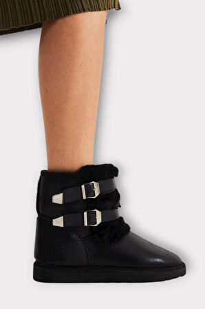 İçi Kürklü Çift Kemerli Kadın Bot SİYAH