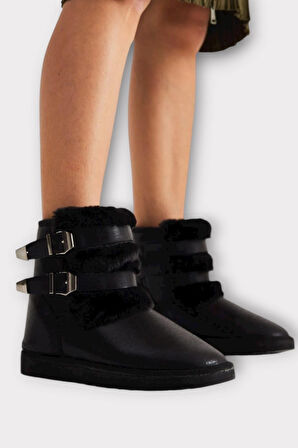 İçi Kürklü Çift Kemerli Kadın Bot SİYAH