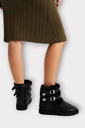 İçi Kürklü Çift Kemerli Kadın Bot SİYAH