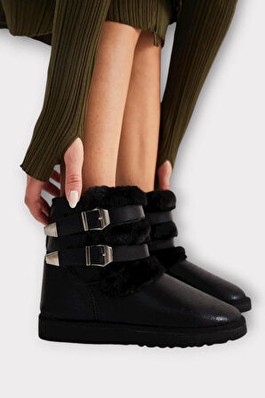 İçi Kürklü Çift Kemerli Kadın Bot SİYAH