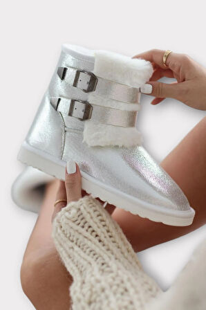 İçi Kürklü Çift Kemerli Kadın Bot GÜMÜŞ