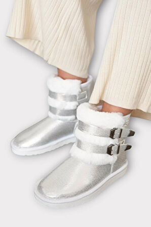 İçi Kürklü Çift Kemerli Kadın Bot GÜMÜŞ