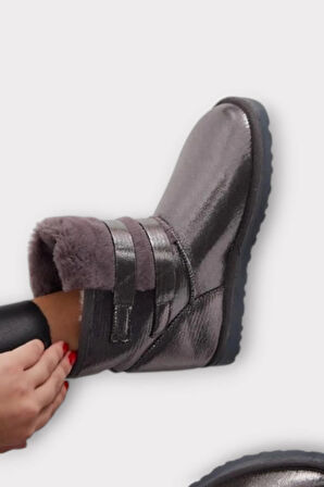 İçi Kürklü Çift Kemerli Kadın Bot PLATİN