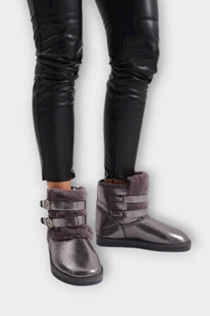 İçi Kürklü Çift Kemerli Kadın Bot PLATİN