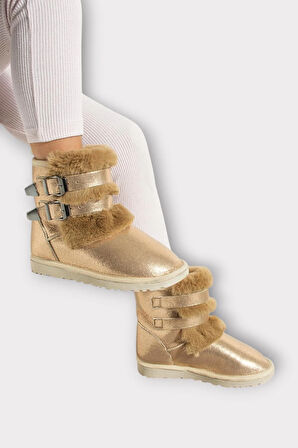 İçi Kürklü Çift Kemerli Kadın Bot BRONZ