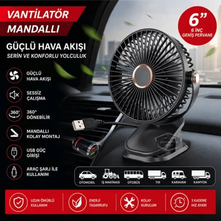 Üniversal Mandallı Oto Ofis Araç İçi Torpido Üstü Vantilatör USB ve Çakmak Girişli Tak Çalıştır Soğutucu Fan 360° Dönebilen Ultra Sessiz Oynar Başlıklı 6'' Araç Fanı