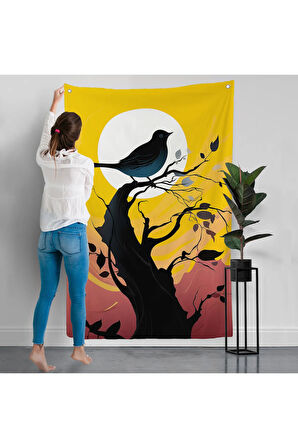 Ağaç Üstündeki Soyut Kuş Duvar Örtüsü-7614