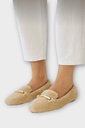 Yumuşak Peluş Ses Yapmaz Hafif Taban Kadın Ev Babeti Panduf BEJ