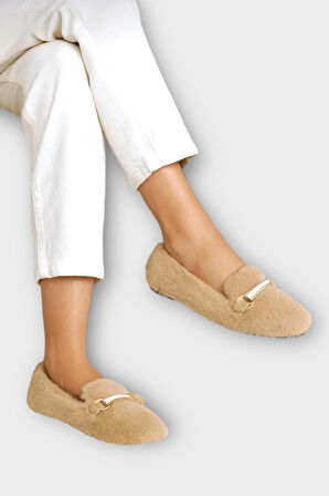 Yumuşak Peluş Ses Yapmaz Hafif Taban Kadın Ev Babeti Panduf BEJ