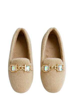 Yumuşak Peluş Ses Yapmaz Hafif Taban Kadın Ev Babeti Panduf BEJ