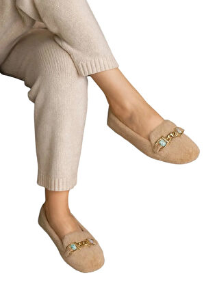 Yumuşak Peluş Ses Yapmaz Hafif Taban Kadın Ev Babeti Panduf BEJ