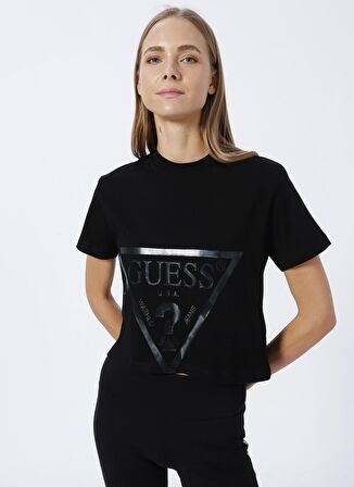 Guess Bisiklet Yaka Baskılı Siyah Kadın T-Shirt V2YI06K8HM0-ADELE CROP T-SHIRT