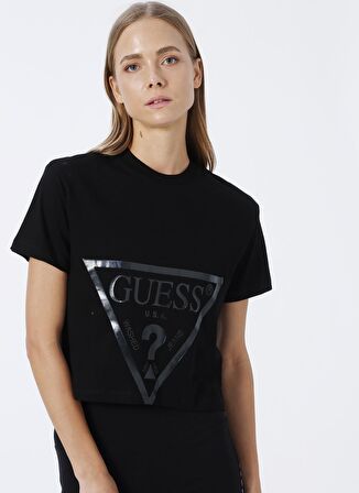 Guess Bisiklet Yaka Baskılı Siyah Kadın T-Shirt V2YI06K8HM0-ADELE CROP T-SHIRT