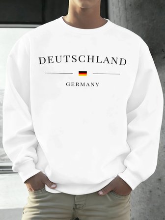 Deutschland Almanya Bayrağı Baskılı Erkek Kazak Sonbahar 0-Boyun Gevşek Açık Tee Moda Giysile