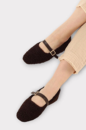 Yumuşak Peluş Ses Yapmaz Hafif Taban Kemerli Kadın Ev Babeti Panduf KAHVERENGİ