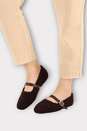 Yumuşak Peluş Ses Yapmaz Hafif Taban Kemerli Kadın Ev Babeti Panduf KAHVERENGİ